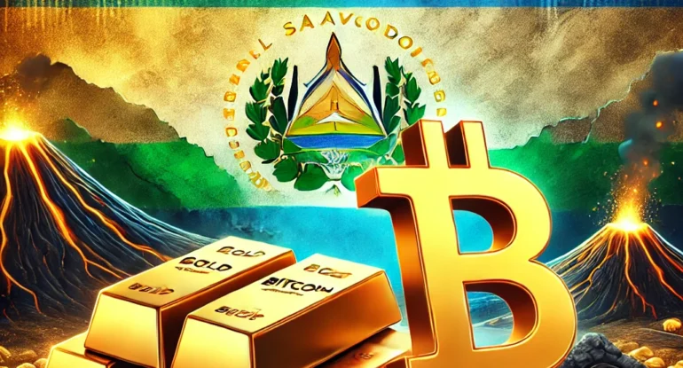 DALL·E 2024-12-12 20.21.08 - An impactful and vibrant image depicting El Salvador's gold discovery and its potential connection to Bitcoin. The design features gold bars stacked b DALL·E 2024-12-12 20.21.08 - An impactful and vibrant image depicting El Salvador's gold discovery and its potential connection to Bitcoin. The design features gold bars stacked b