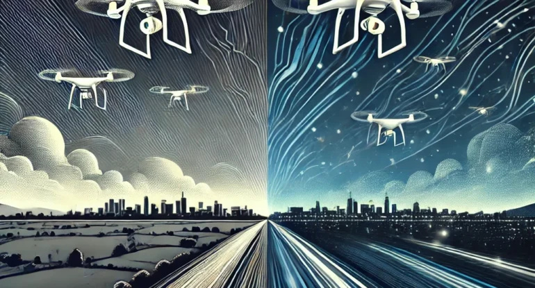 DALL·E 2024-12-16 09.10.31 - A mysterious and dynamic illustration depicting drones and UAPs in the night sky. The design features swarming drones in precise formation above urban DALL·E 2024-12-16 09.10.31 - A mysterious and dynamic illustration depicting drones and UAPs in the night sky. The design features swarming drones in precise formation above urban
